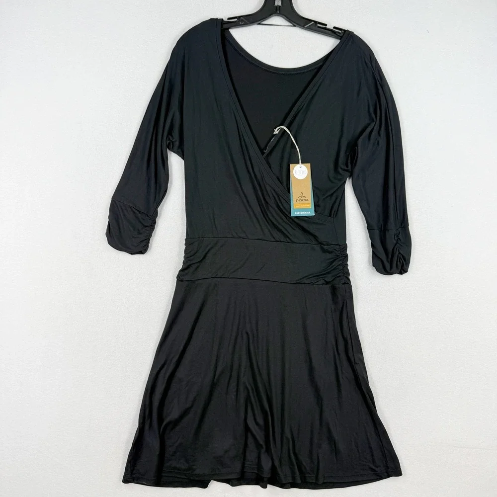 Prana Simone Dress Size S Womens Black Wrap Front 3/4 Sleeve Sustainable - NEW
